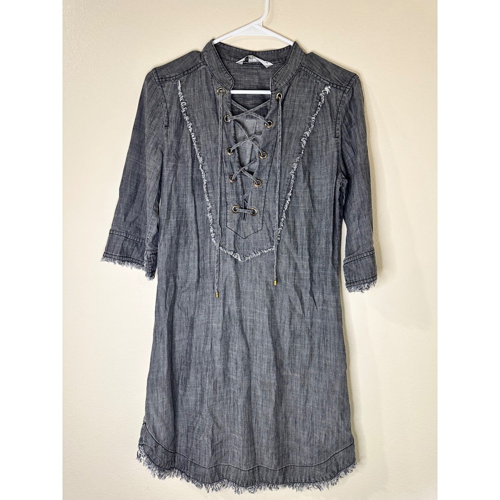Trina Turk Grey Tencel Linen Lace Up Fringe Tunic Dress Size 2 3/4 Sleeve Boho